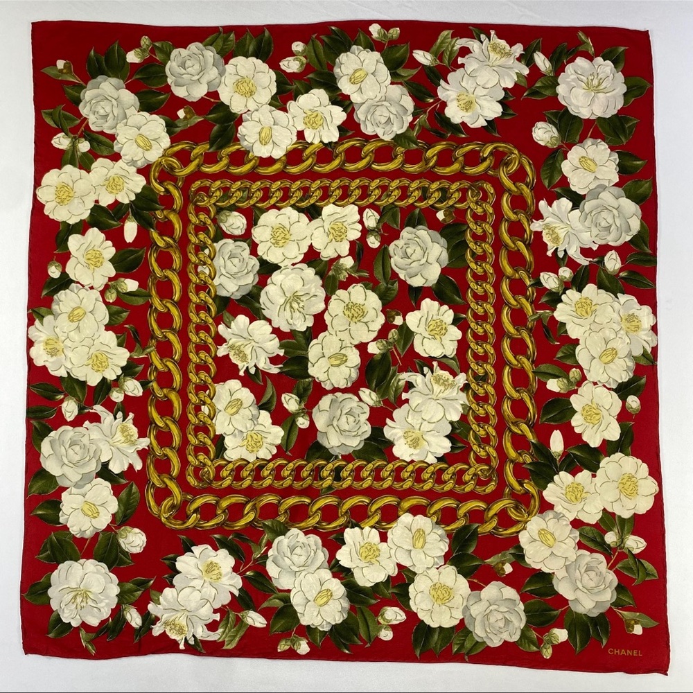 Chanel Red and Gold Floral Silk Scarf - Picture 2 of 7